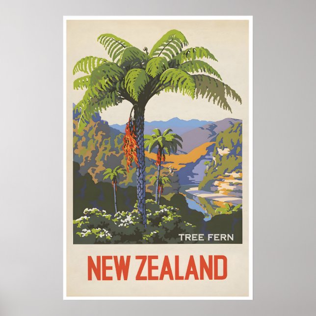Nya Zeeland Resa Poster Trädormbunks Konst Marcus (Framsidan)