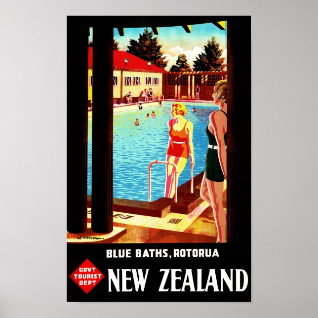 Nya Zeeland Rotorua Vintage affisch återställd (Framsidan)