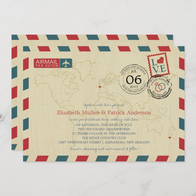 Nya Zeeland/UK Antique Airmail | Bröllop Inbjudningar (Fram/baksida)