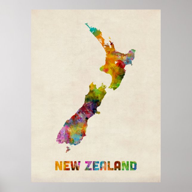 Nya Zeeland, Watercolor Karta Poster (Framsidan)