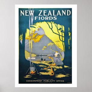 Nya Zeelands fjordar, vintage reseaffisch Poster