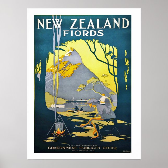 Nya Zeelands fjordar, vintage reseaffisch Poster (Framsidan)