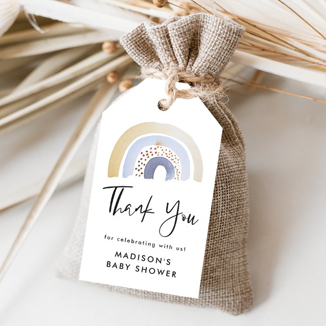 Nyans blått vattenfärgsregnbåge, babystövel presentetikett (Skapare uppladdad)