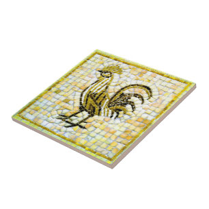 Nyanser av gult, vitt och svart mosaik tupp🐔 kakelplatta