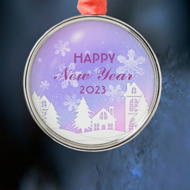 Nyår 2023 Lila Vita huset Snö Julgransprydnad Metall (Skapare uppladdad)