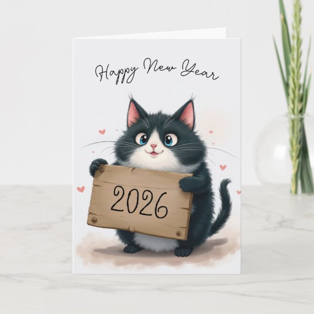 Nyår 2026 för Tuxedo-katt Helgkort (Framsida)