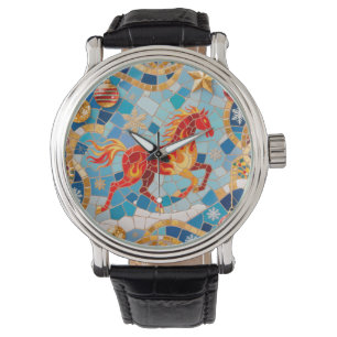 Nyår 2026: Red Fiery Horse Jul Mönster Armbandsur