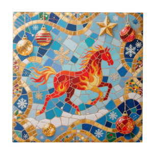 Nyår 2026: Red Fiery Horse Jul Mönster Kakelplatta