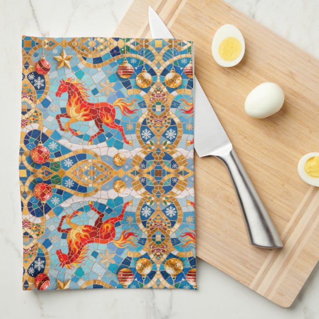 Nyår 2026: Red Fiery Horse Jul Mönster Kökshandduk (Vikt i Fjärdedel)