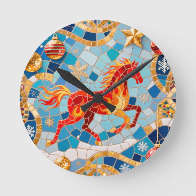 Nyår 2026: Red Fiery Horse Jul Mönster Rund Klocka (Framsida)