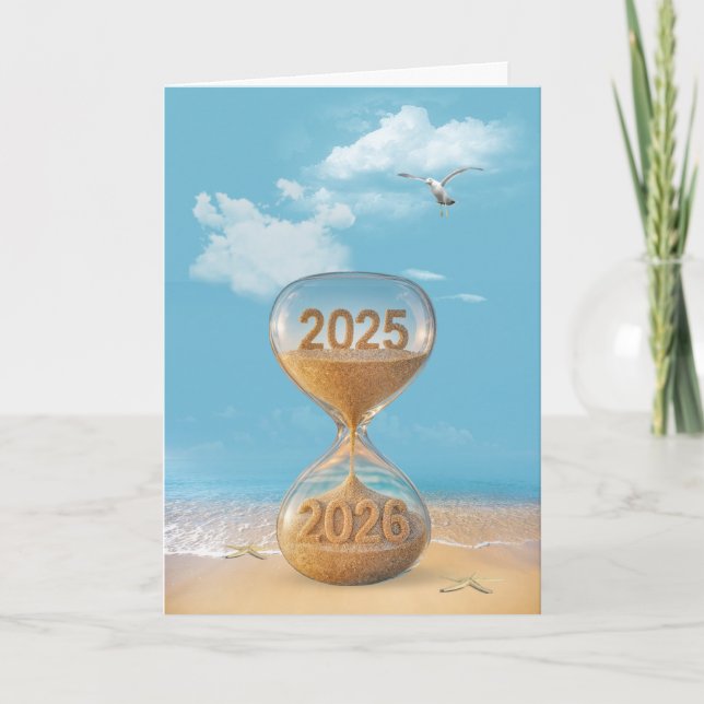 Nyår 2026: Sand Timer on the Beach Helgkort (Framsida)