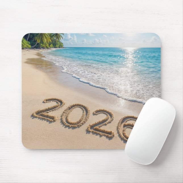 Nyår 2026 Text på en tropisk strand Musmatta (Med mus)