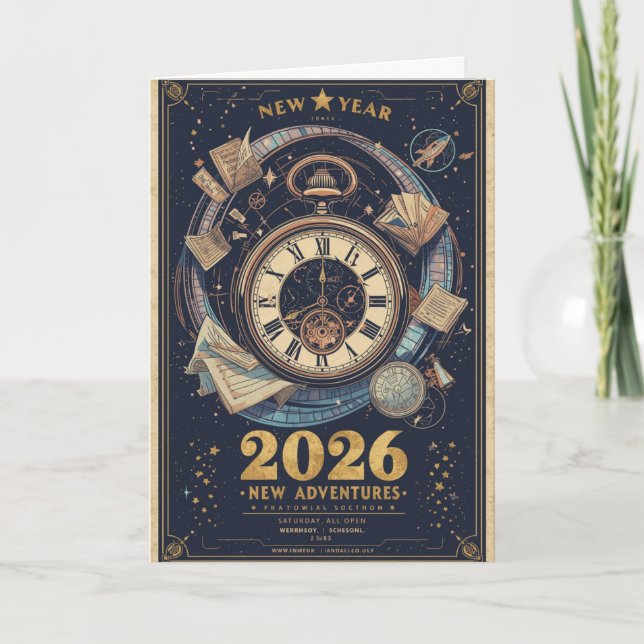 Nyår 2026 Tidsresa Vintage Välkomsthälsning Kort (Framsida)