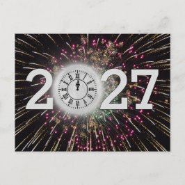 Nyår 2027 Fyrverkerier och månklocka Vykort