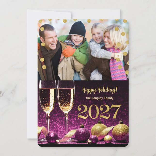 Nyår 2027 Lila och Guld Champagne Foto Julkort (Framsida)