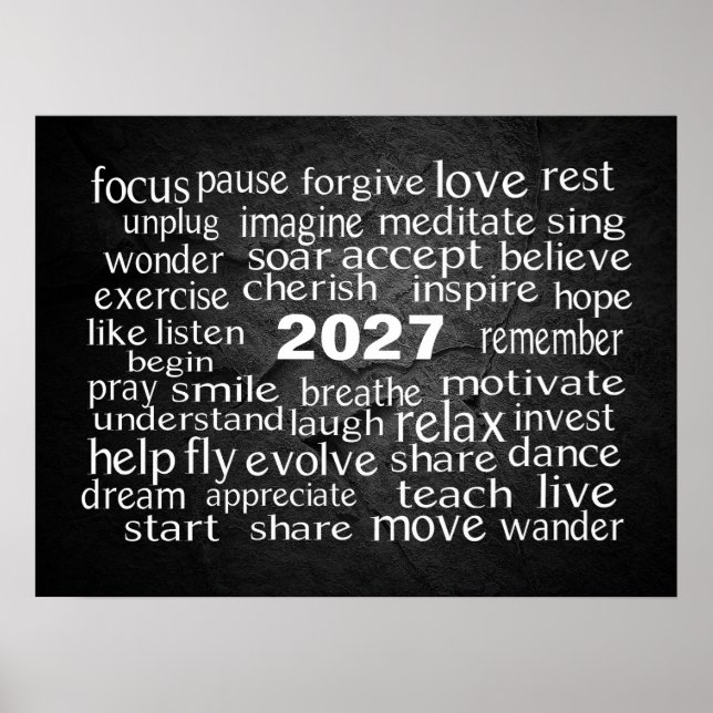 Nyår 2027 Ord Moln På Svart Sten Poster (Framsidan)