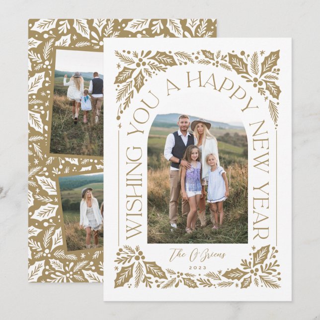 Nyår Arch Berry Golden 3 Photo Collage Julkort (Fram/baksida)