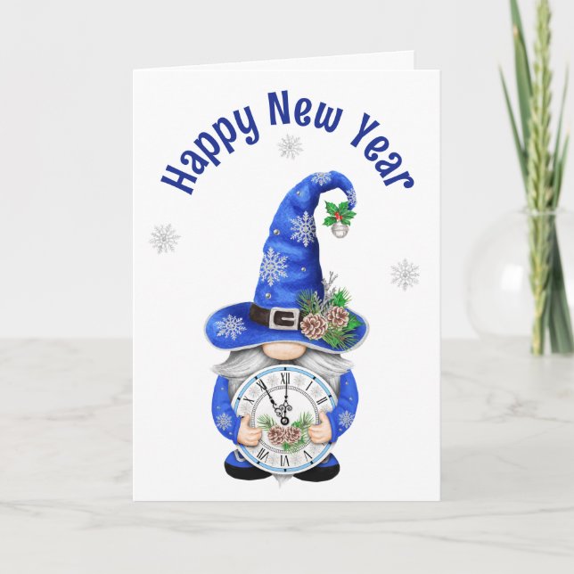 Nyår Blå Gnome med klocka Helgkort (Framsida)