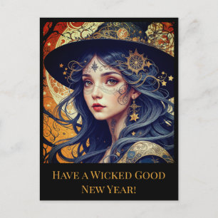 Nyår Blåfärgad Tattooed Witch i Hälsning Helg Vykort