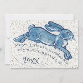 Nyår Blue White Bunny Rabbit Delft Dedham Datum Julkort