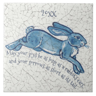 Nyår Blue White Bunny Rabbit Delft Dedham Datum Kakelplatta