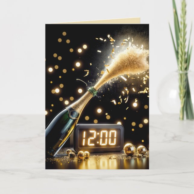 Nyår Champagne och klocka Helgkort (Framsida)