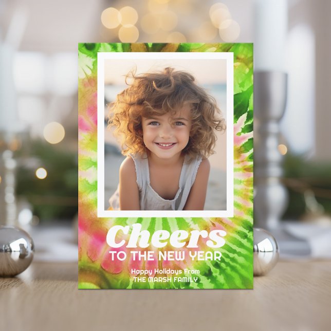 Nyår - Cheer Modern Colorful Tie Dye - Foto Julkort (Retro Tie Dye Pattern Christmas Card. Add a little color to your holiday with this online photo card)