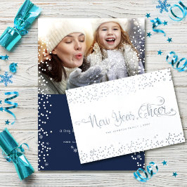 Nyår Cheer Photo White Snöflingor Real Silver Folierat Kort