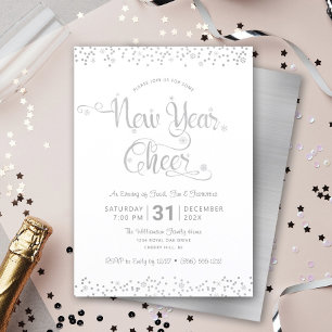 Nyår Cheer Silver White Script Confetti Party Inbjudningar