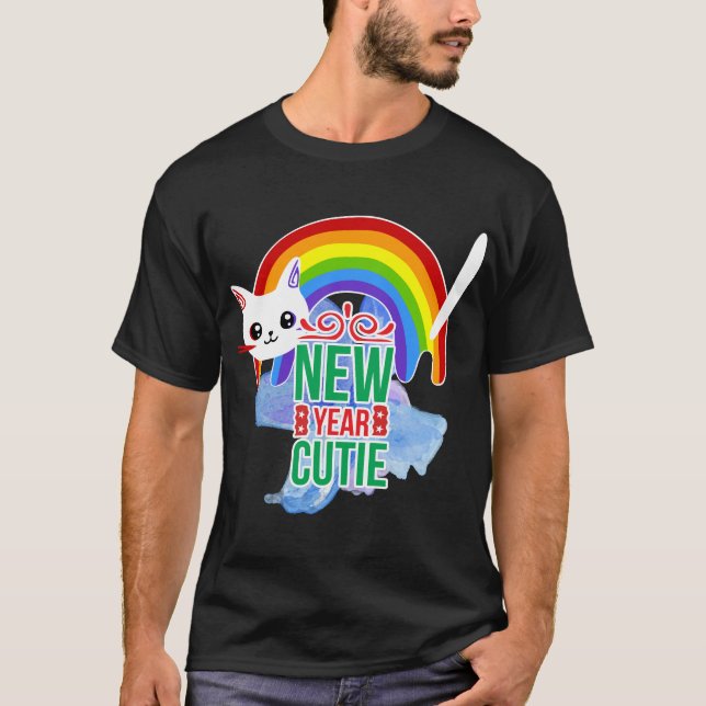 Nyår Cutie Rainbow Cat T Shirt (Framsida)