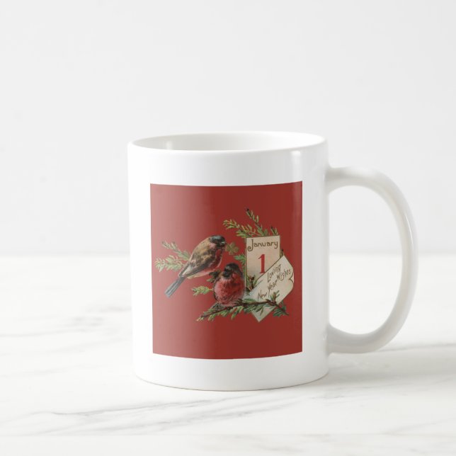 Nyår fåglar Antik Julkort Kaffemugg (Höger)
