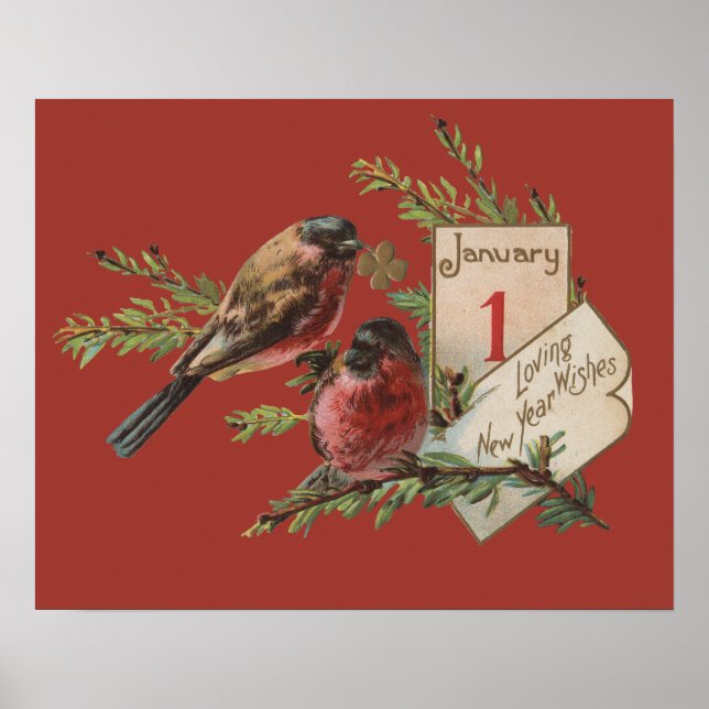 Nyår fåglar Antik Julkort Poster (Framsidan)