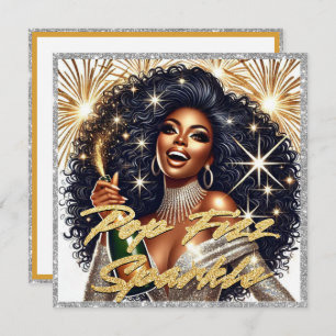 Nyår för Glamous Black Woman Popping Champagne Kort
