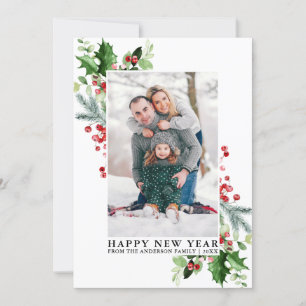 Nyår för Watercolor Holly Winter Greenery Photo Julkort
