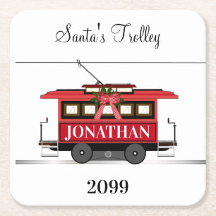 Nyår i julas Red Tram Trolley Streetcar Underlägg Papper Kvadrat