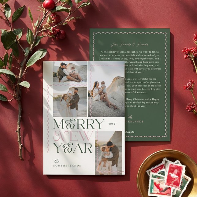 Nyår Vågigt Modern Minimal 4-fotokollage Julkort (Merry New Year Wavy Modern Minimal 4 Photo Collage Holiday Card)