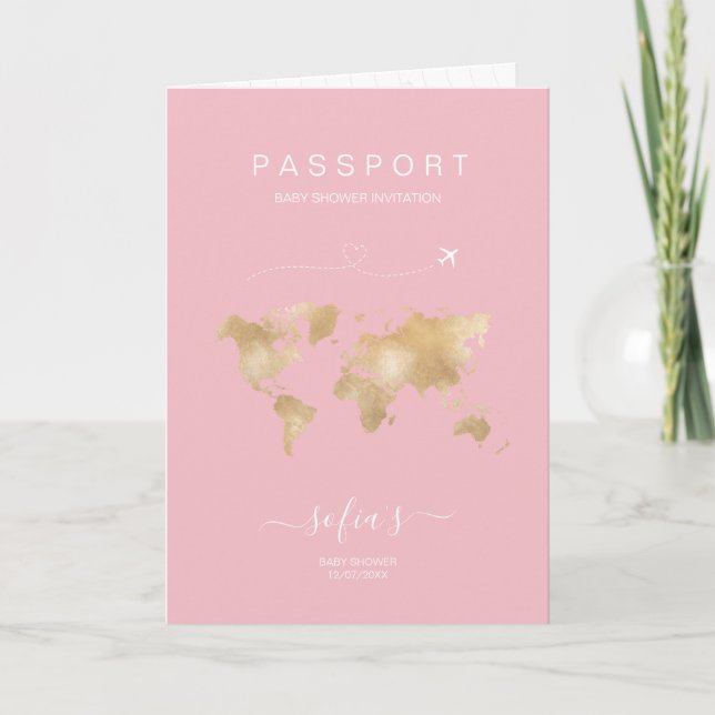 Nyare Rosa Passport World Map Baby Shower Inbjudan (Framsida)