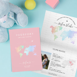 Nyare Rosa Passport World Map Baby Shower Inbjudan