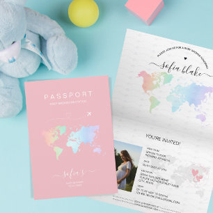 Nyare Rosa Passport World Map Baby Shower Inbjudan