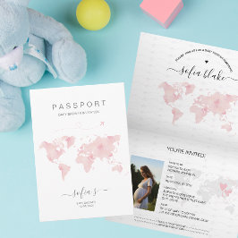 Nyare Rosa Passport World Map Baby Shower Inbjudan