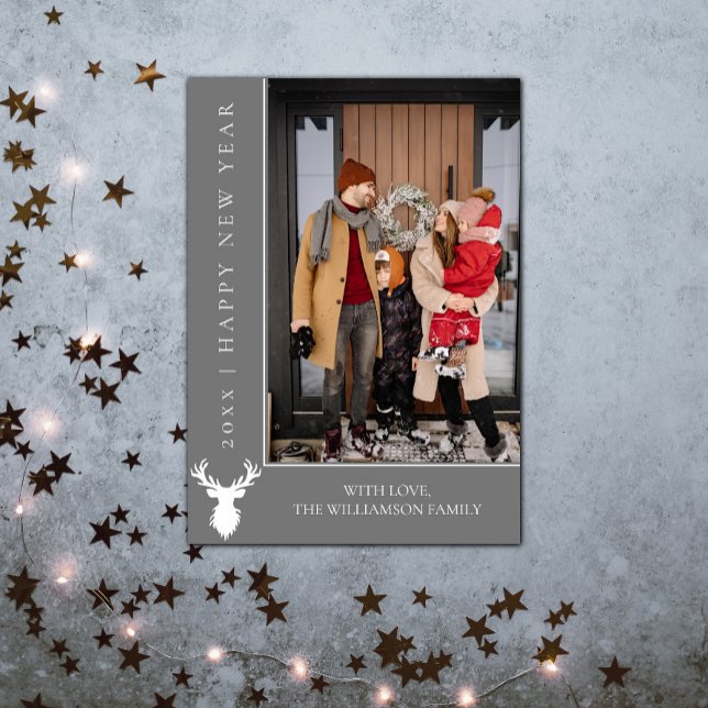 Nyårs enkelt renkort | GRÅTT Julkort (Simple Reindeer New Years Photo Card - Gray)