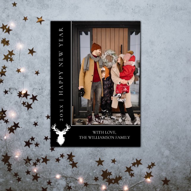 Nyårs enkelt renkort | Svart Julkort (Simple Reindeer New Years Photo Card - Black)