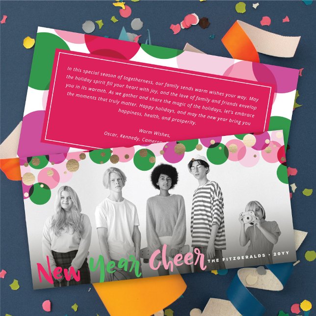 Nyårs fotot av Cheer Roligt och färgstarka konfett Julkort (New Year Cheer Colorful Fun Confetti Dots Photo Holiday Card @ fat_fa_tin)