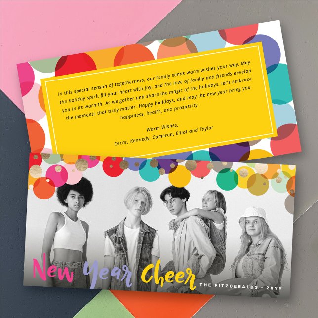 Nyårs fotot av Cheer Roligt och färgstarka konfett Julkort (New Year Cheer Fun & Colorful Confetti Dots Photo Holiday Card @ fat_fa_tin)