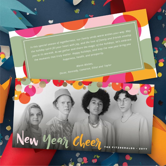 Nyårs fotot av Cheer Roligt och färgstarka konfett Julkort (New Year Cheer Fun & Colorful Confetti Dots Photo Holiday Card @ fat_fa_tin)