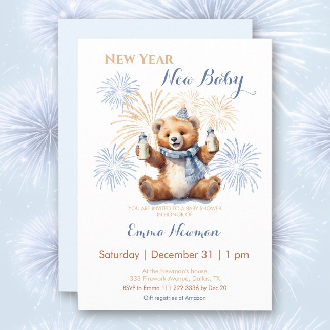 Nyårs inbjudan till spädbarnsbabyn till Cute Bear  (New Year Cute Bear Boy Baby Shower Invitation)