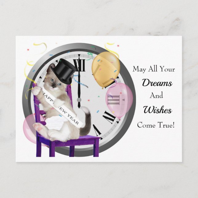 Nyårs Kitten Clock-vykort Helg Vykort (Framsida)