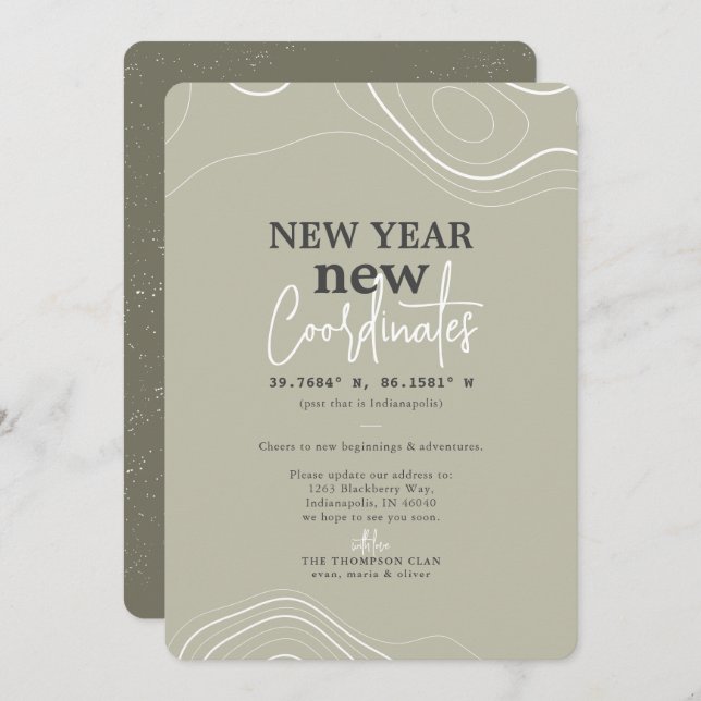 Nyårs Koordinates Grön Flyttningsannons Julkort (Fram/baksida)