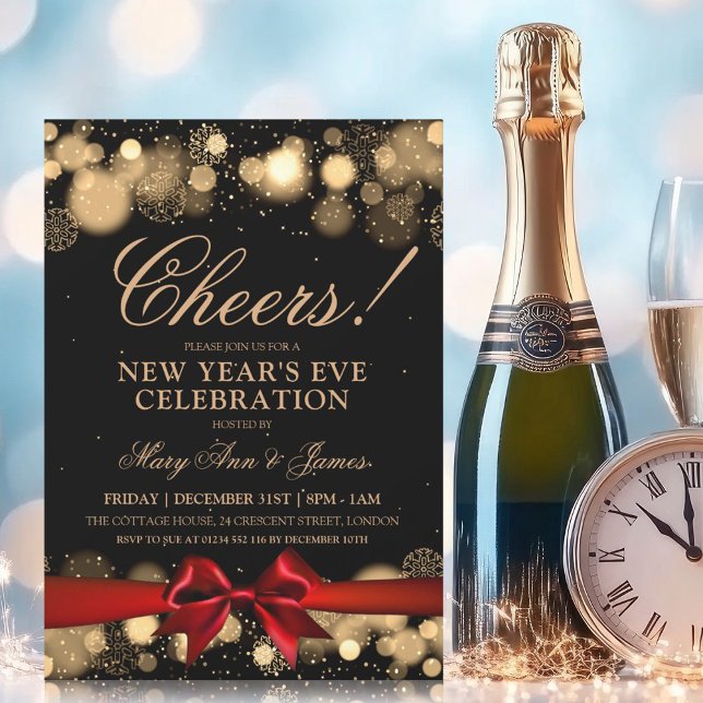 Nyårsaftnarna rödbladet Party Guld Inbjudningar (New Years Eve Party Gold Winter Wonder Red Bow Invitation)