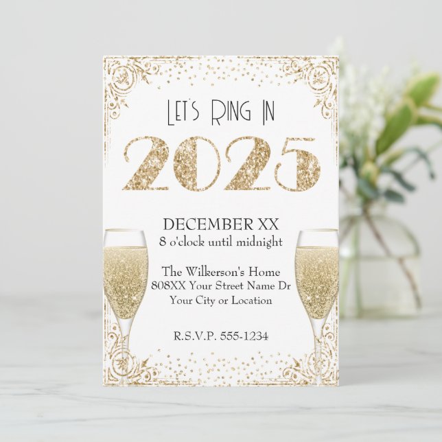 Nyårsafton 2025 Guld Vintage Champagne Inbjudningar (Stående Fram)